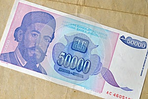 Obverse of 50.00 dinars paper banknote issued by Yugoslavia