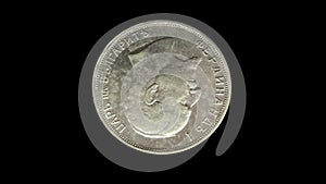 Obverse of Bulgarian coin 2 leva, 1912 with inscription meaning Ferdinand I the king of Bulgarians. Isolated in white background.