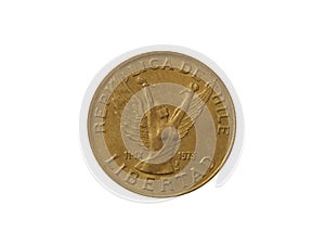 Obverse of Chile coin 10 pesos 1989 with image of a woman breaking the chains, isolated in whit background.