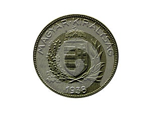 Obverse of Hungary coin 1 pengo 1938 with inscription meaning ONE PENGO, BUDAPEST.