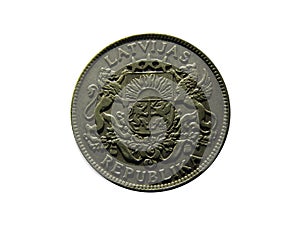 Obverse of Latvia coin 1 lat 1924 with inscription meaning REPUBLIC OF LATVIA. Isolated in white background.