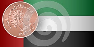 Obverse of One fils UAE bronze coin with the UAE flag.
