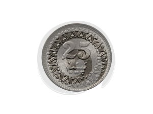 Obverse of Pakistan coin 25 paisa minted from 1981 till 1996. Isolated in white background.