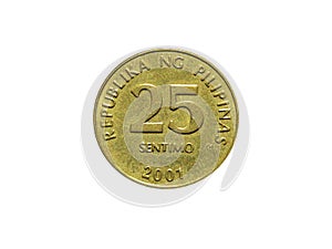 Obverse of Philippines coin 25 sentimo 2001. Isolated on white background.