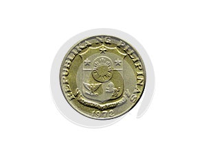 Obverse of Philippines coin 25 sentimos 1972 with the inscription meaning REPUBLIC OF PHILLIPINES. Isolated in white background.