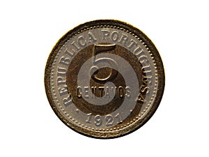 Obverse of Portugal coin 5 centavos 1921 with inscription meaning PORTUGUESE REPUBLIC. Isolated in white background.