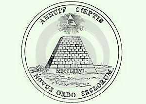 Obverse (reverse) side of National Seal of the United States, a pyramid with all seeing eye of providence - Novus Ordo Seclorum