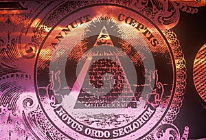 Obverse (reverse) side of National Seal of the United States, a pyramid with all seeing eye of providence - Novus Ordo Seclorum photo