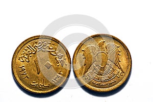 obverse and reverse sides of ten milliemes coin 1973, old Egyptian money of ten milliemes coin