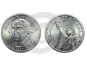 Obverse and reverse of a US George Washington dollar coin with isolated background