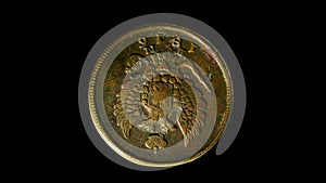 Obverse of Russian empire coin 2 copecks 1816, isolated in black background. 3d animation in 4k video.