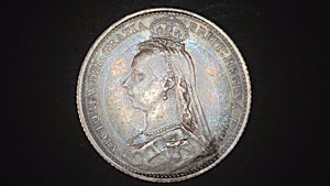 Obverse side of an 1887 GB silver sixpence