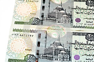 obverse side of 20 LE EGP twenty Egyptian pounds money banknotes, currency of Egypt series 2022 features Mosque of Muhammad Ali in
