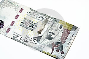 Obverse side of 200 two hundred Saudi riyals banknote features King Abdul Aziz Al Saud founder of the kingdom and a 3D logo of the
