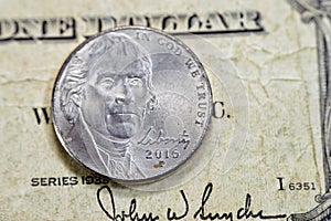 Obverse side of American money coin of 5 five cents 2016 coin features the 2nd portrait of Thomas Jefferson the founding father,