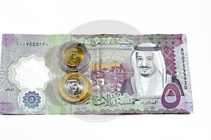 Obverse side of new polymer 5 SAR five Saudi Arabia riyals cash money banknote bill series 1441 AH features Shaybah oil refinery