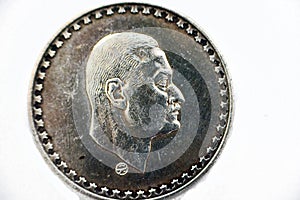 obverse side of an old Egyptian silver coin 1LE one pound 1970, Subject President Nasser, commemorative coin