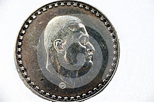 obverse side of an old Egyptian silver coin 1LE one pound 1970, Subject President Nasser, commemorative coin