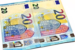 obverse side of â‚¬20 twenty Euro bill banknotes, the currency of the European Union with gothic style architecture on design