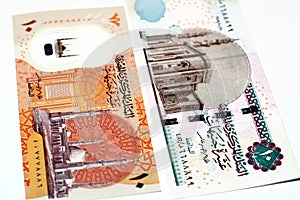 Obverse sides of the new first Egyptian 10 LE EGP ten pounds plastic polymer banknote features Al-Fattah Al-Aleem mosque