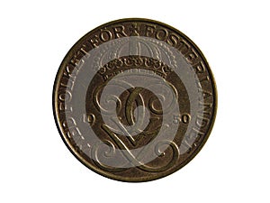 Obverse of Sweden coin 5 ore 1950 with inscription meaning FIVE ORE, isolated on white background.