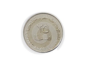 Obverse of United Arab Emirates coin 25 fils minted from 1973 till 2019. Isolated in white background.