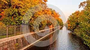 Obvodny Bypass channel in Kronstadt at Kotlin island, Russia. Saint-Petersburg, architecture