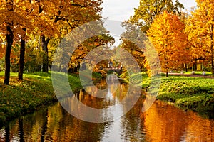 Obvodny canal in autumn in Alexander park, Tsarskoe Selo (Pushkin), Saint Petersburg, Russia