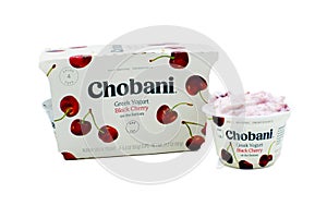 Ocala, Fl January 9, 2024 Container of Chobani brand Greek yogurt black cherry flavor fruit on the bottom single container opened