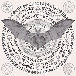 Occult banner with a bat with open wings and star