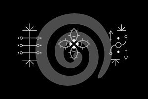 Occult geometry symbol set. Ancient secret inscriptions, rune or glyph. Eye sign. Cave drawings. UFO signs. Design