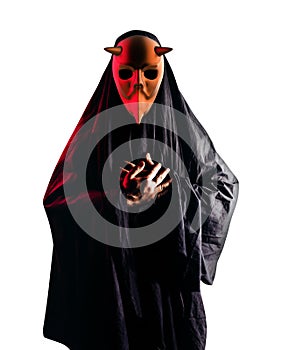 Occult horror sectarian with metal mask on white background