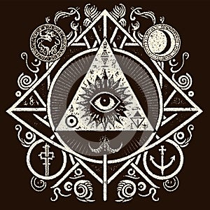 Occult symbols composition in dotwork style. Abstract mystic elements, Sacred triangle with eye in retro flat lay composition