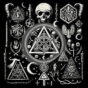 Occult symbols composition in dotwork style. Abstract mystic elements, Skull, candles and sacred triangle with eye in