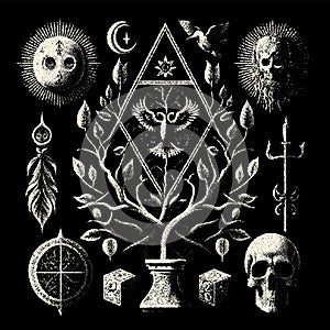 Occult symbols composition in dotwork style. Abstract mystic elements, Skull, candles and sacred triangle with eye in retro flat