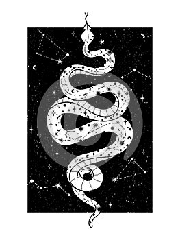 Occult trendy hand drawn illustration with snake, moon and stars.