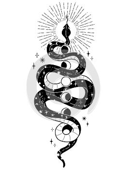 Occult trendy hand drawn illustration with snake, moon and stars. photo