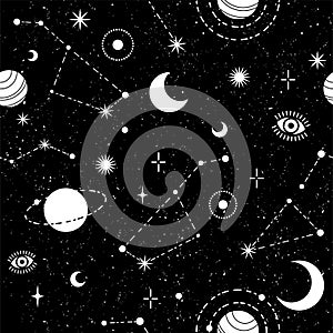 Occult trendy seamless pattern with moon, planet, constellation and stars. photo