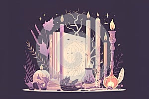 Occultism wicca style altar made of candles and crystal. Minimalist illustration in purple colors.