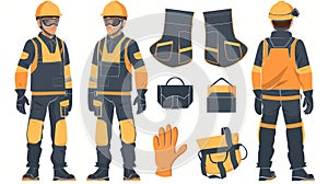Occupational safety outfit. Work uniform, protective equipment. Security helmet, protective eyeglasses, vest, apron