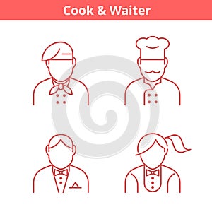 Occupations avatar set: cook, chef, waiter, baker. Thin outline