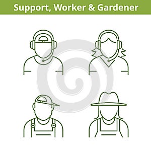 Occupations avatar set: support operator, workman, gardener.