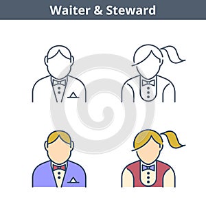 Occupations linear avatar set: waiter, steward. Thin outline icons. photo
