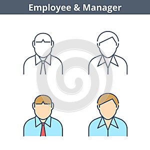 Occupations linear avatar set: clerk, employee, manager. Thin outline icons.