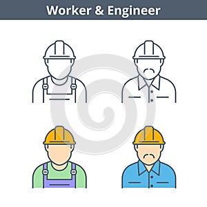 Occupations linear avatar set: engineer, worker. Thin outline icons.