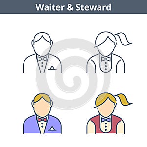 Occupations linear avatar set: waiter, steward. Thin outline icons.