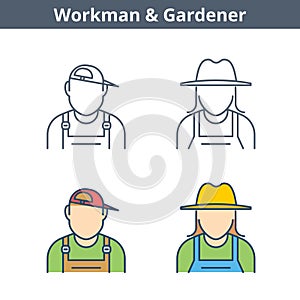 Occupations linear avatar set: workman, gardener. Thin outline i