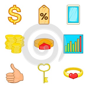 Occupy money icons set, cartoon style