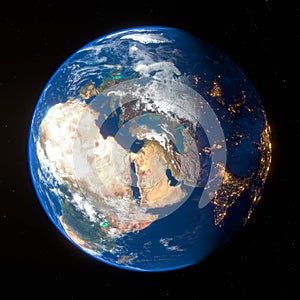 Occurrence of day and night on the earth view from space, 3D rendering