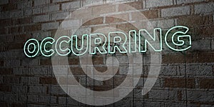 OCCURRING - Glowing Neon Sign on stonework wall - 3D rendered royalty free stock illustration